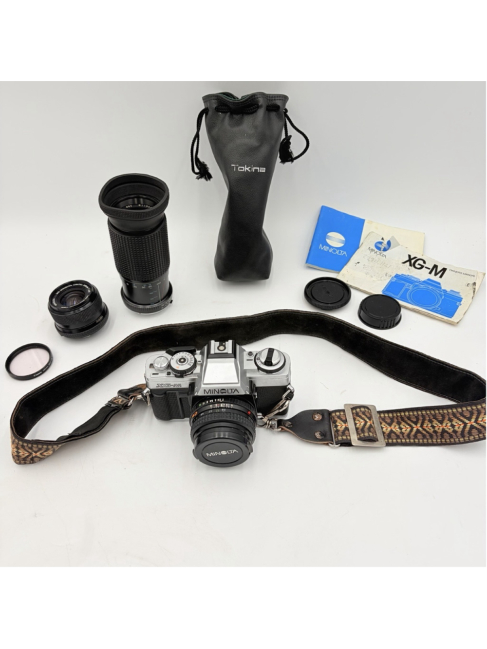 Minolta XG-M 35mm SLR Camera w MD Rokkor-X 45mm Tokina Lens Lot
